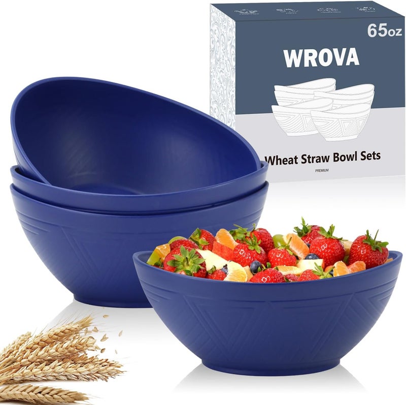 Wrova 65oz Large Salad Bowls Deep Blue  Wheat Straw Serving Bowls Set of 4  Unbreakable Serving Bowls Dishware  Microwave Safe  BPA Free Bowl for kitchencamping - Image 1