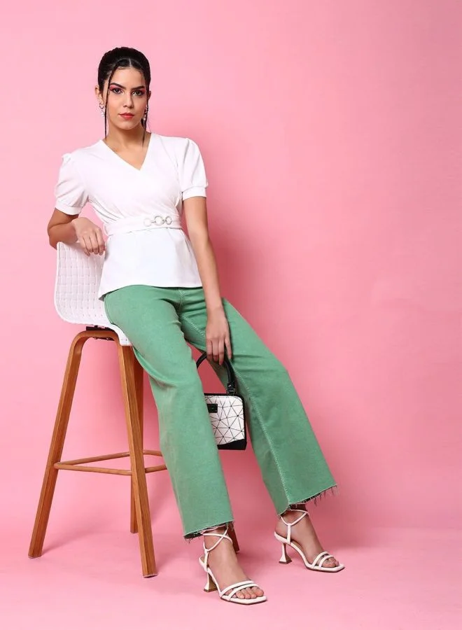 Freehand  Women Fit and Flared Solid V-Neck Short Sleeve Peplum Top  | Best Price UAE