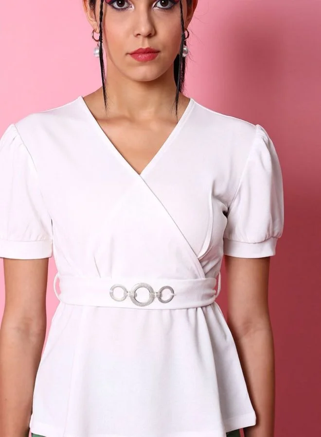 Freehand  Women Fit and Flared Solid V-Neck Short Sleeve Peplum Top  | Best Price UAE