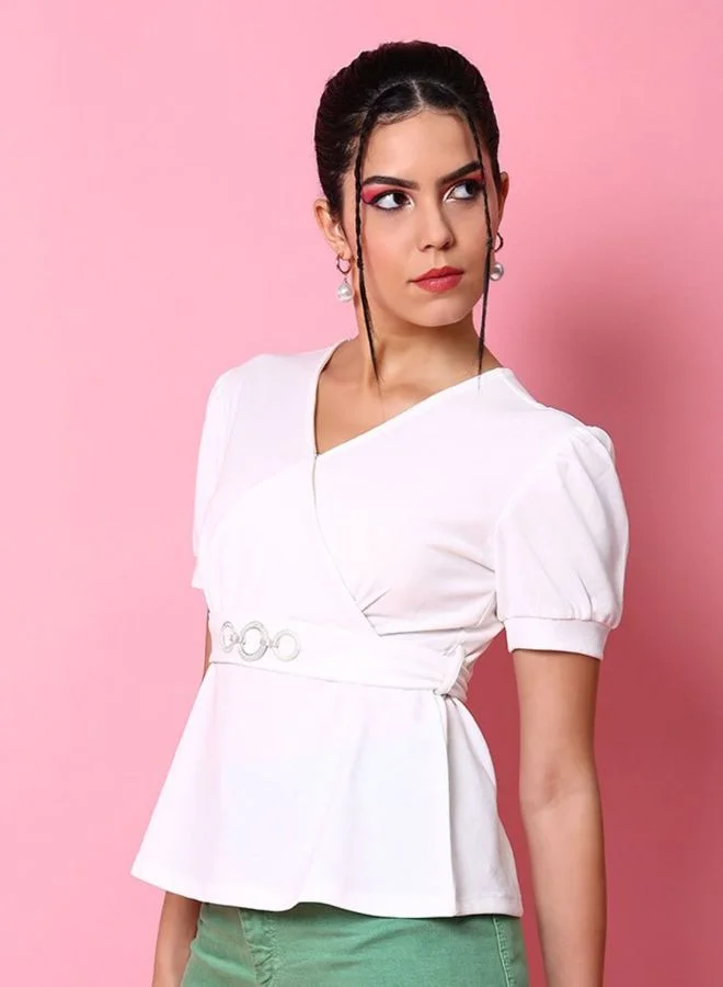 Women Fit and Flared Solid V-Neck Short Sleeve Peplum Top