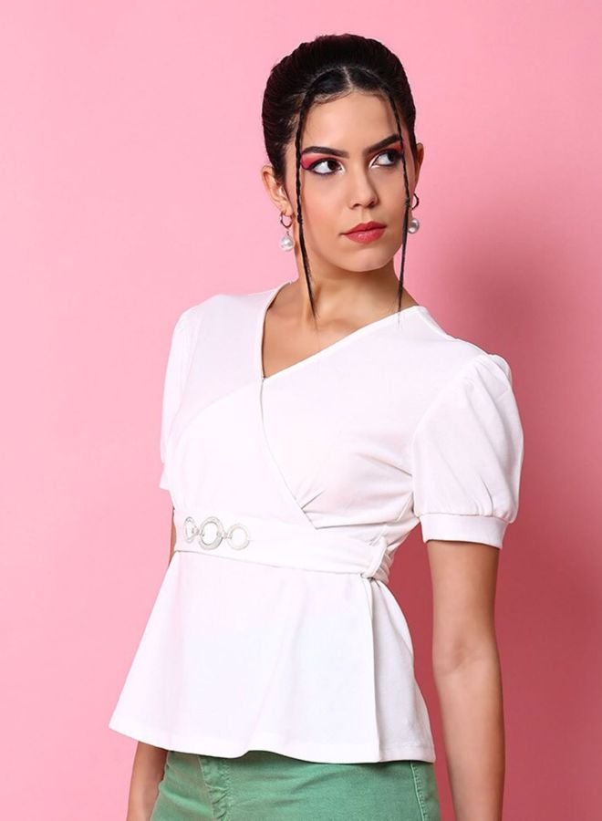 Freehand Women Fit and Flared Solid V-Neck Short Sleeve Peplum Top - Image 1