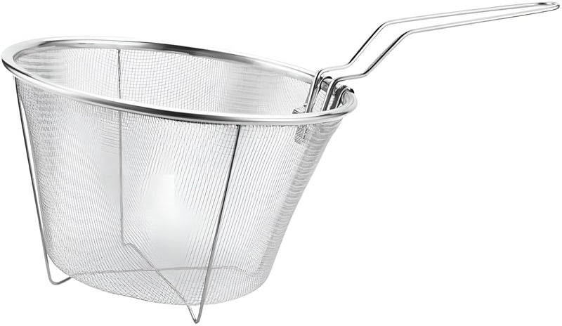 Alark Stainless Steel Round Wire Mesh Drain Small Frying Basket with Folding Handle Deep Fry Basket Kitchen Cooking Strainer Colander for French Fries Serving Food for Restaurant Home 30x18x10 CM - Image 1