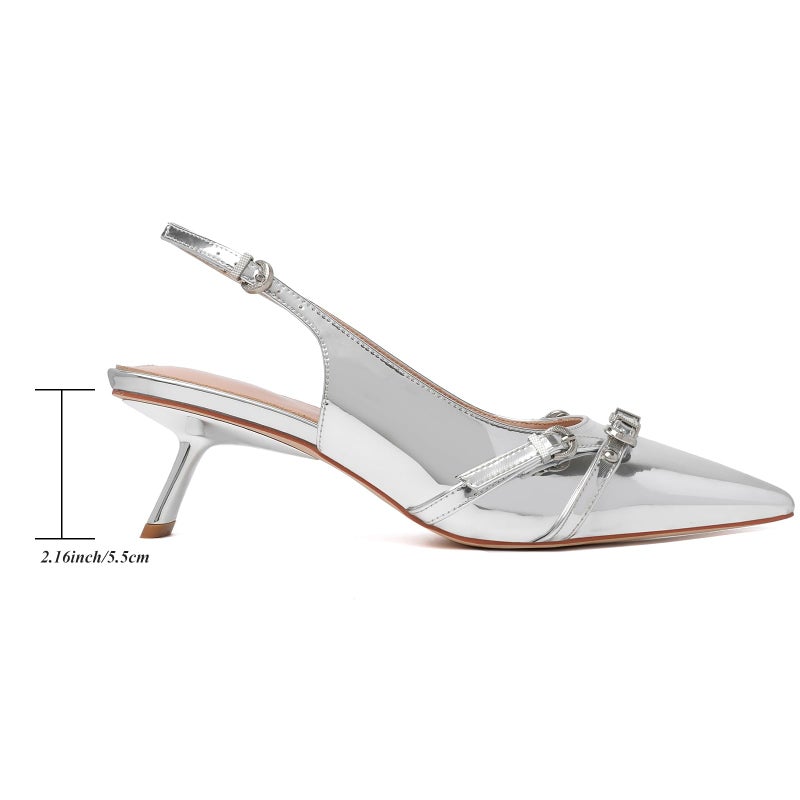 Mostrin Silver Kitten Heels for Women Sexy Pointed Toe Slingback Low Heels Dressy Pumps Shoes with Buckle for Party Size 8 - Image 3