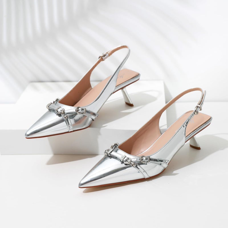 Mostrin Silver Kitten Heels for Women Sexy Pointed Toe Slingback Low Heels Dressy Pumps Shoes with Buckle for Party Size 8 - Image 4