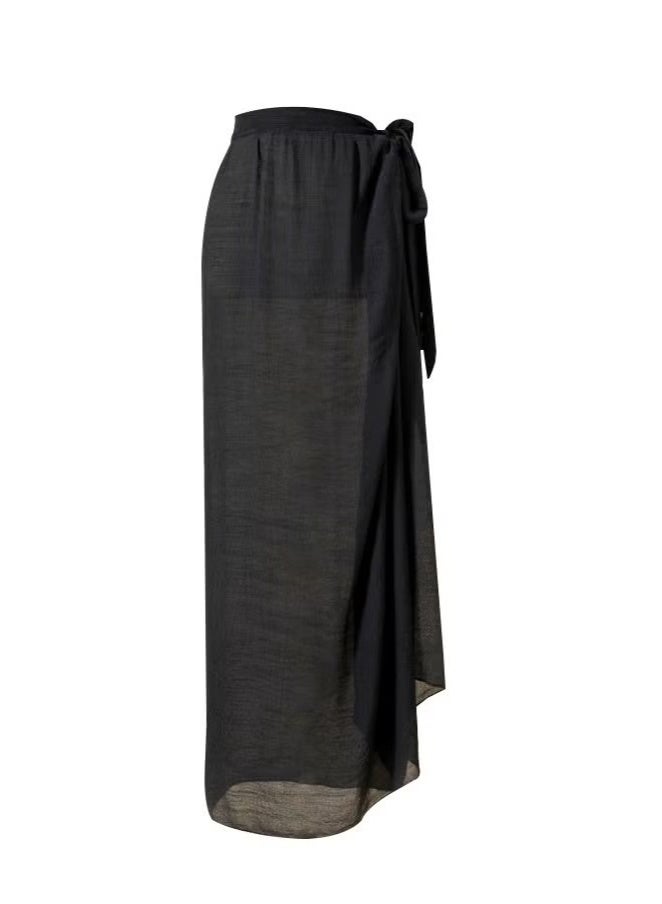 Realfrog Women Beach Sarong Bathing Suit Wrap Skirt Sheer Bikini Swimsuit Cover Ups 100cm Long Skirt Chiffon Scarf for Swimwear Black - Image 1