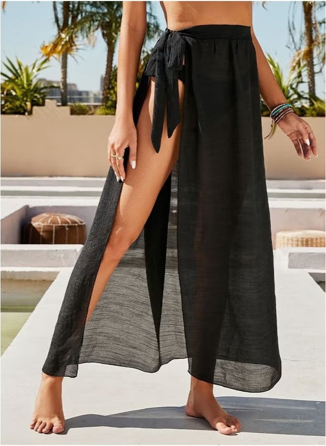 Realfrog Women Beach Sarong Bathing Suit Wrap Skirt Sheer Bikini Swimsuit Cover Ups 100cm Long Skirt Chiffon Scarf for Swimwear Black - Image 3