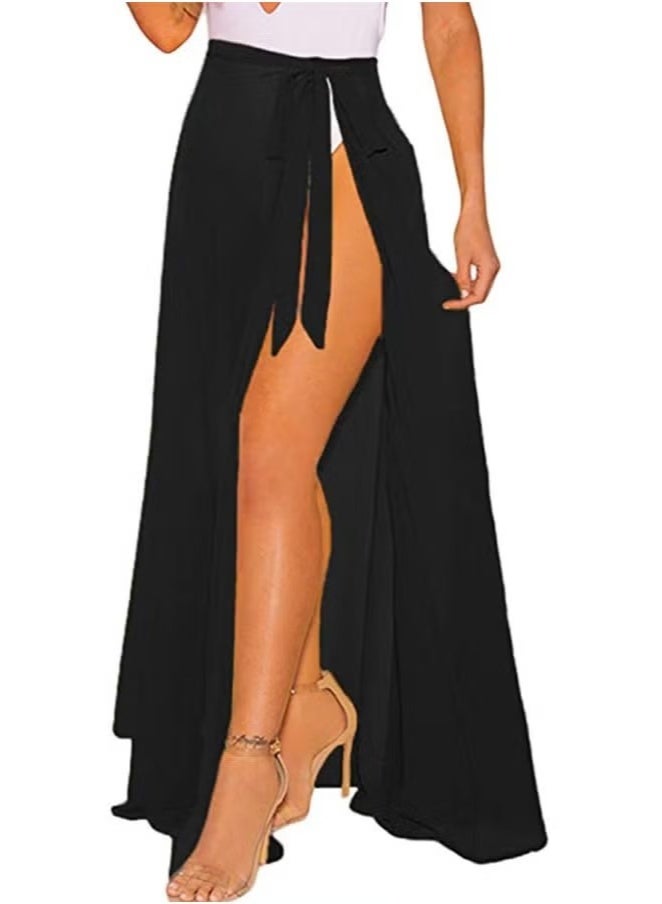 Realfrog Women Beach Sarong Bathing Suit Wrap Skirt Sheer Bikini Swimsuit Cover Ups 100cm Long Skirt Chiffon Scarf for Swimwear Black - Image 2