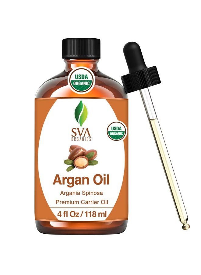 SVA Organics - SVA Argan Oil Organic - 4 Fl Oz – 100% Natural Cold Pressed Organic Argan Oil - for Face, Skin Care, Hair Care, Scalp Massage & Body Massage – Carrier Oil with Dropper - Image 1
