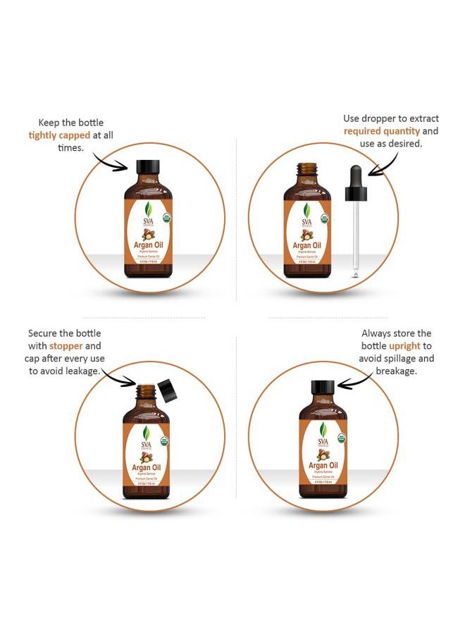 SVA Organics - SVA Argan Oil Organic - 4 Fl Oz – 100% Natural Cold Pressed Organic Argan Oil - for Face, Skin Care, Hair Care, Scalp Massage & Body Massage – Carrier Oil with Dropper - Image 1