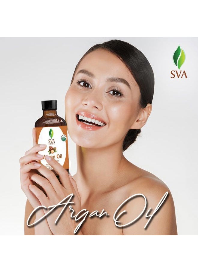 SVA Organics - SVA Argan Oil Organic - 4 Fl Oz – 100% Natural Cold Pressed Organic Argan Oil - for Face, Skin Care, Hair Care, Scalp Massage & Body Massage – Carrier Oil with Dropper - Image 1