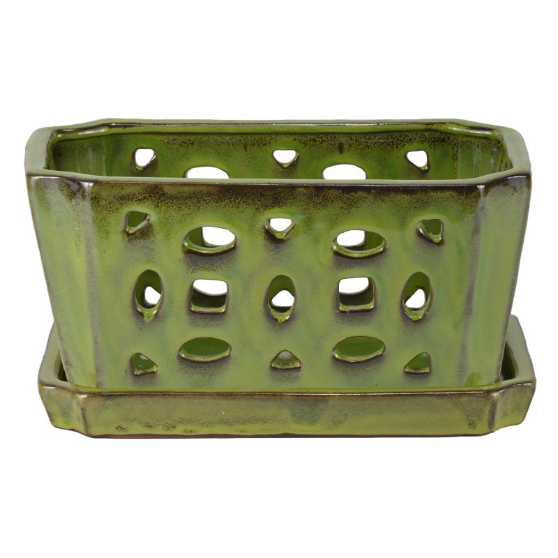 w w W&W Orchid Pot with Holes and Saucer for Repotting, YellowGreen, 9.7 Inch - Image 2