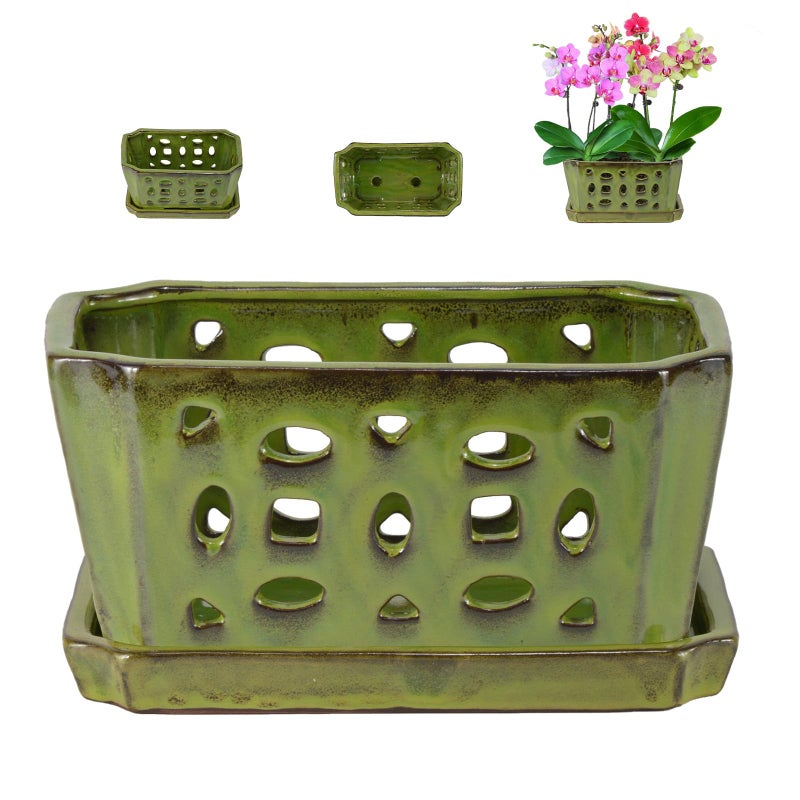 w w W&W Orchid Pot with Holes and Saucer for Repotting, YellowGreen, 9.7 Inch - Image 1