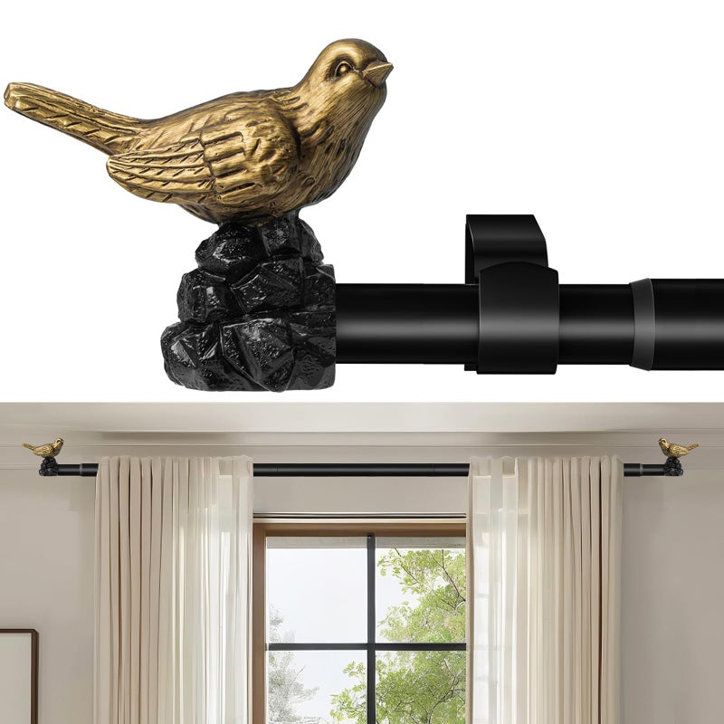 KVEEO Vintage Gold Curtain Rod 18"-45" Curtain Rods for Windows Adjustable Drapery Rod with Bird Finials Heavy Duty Curtain Rod for Living Room Bedroom - Image 1