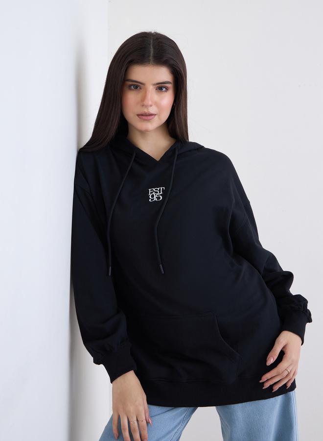 Styli Black Embroidered Oversized Hoodie - Image 1