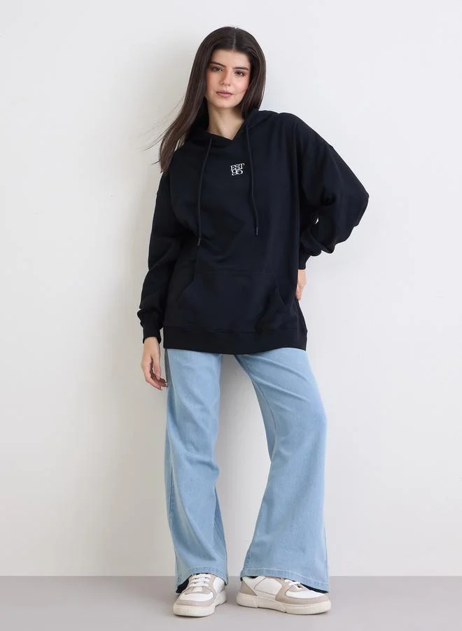 Styli Black Embroidered Oversized Hoodie