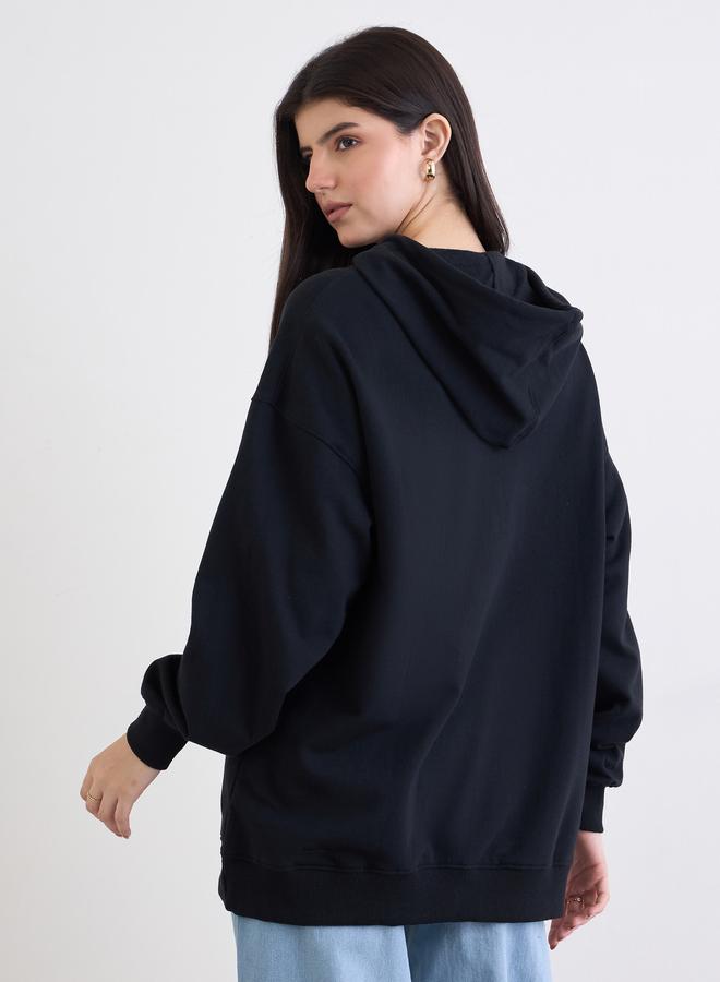 Styli Black Embroidered Oversized Hoodie - Image 5