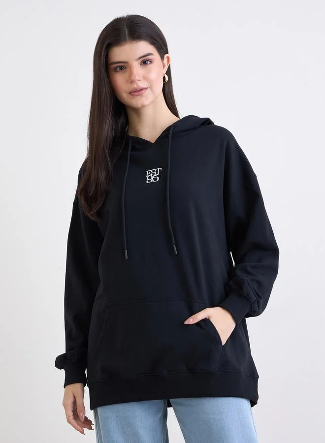 Styli Black Embroidered Oversized Hoodie