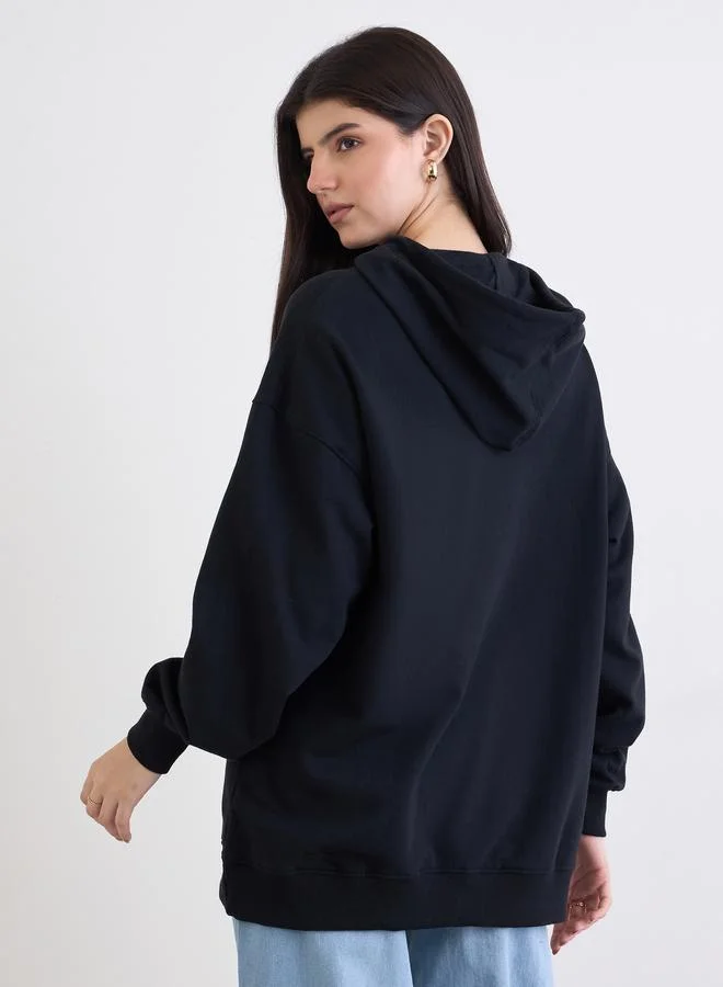 Styli Black Embroidered Oversized Hoodie