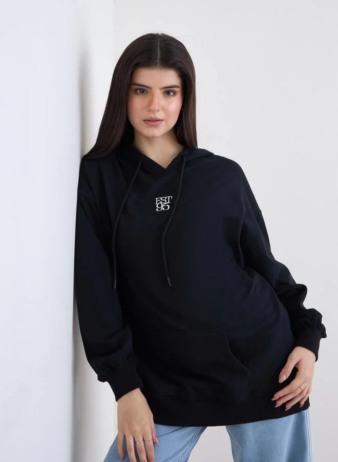 Styli Black Embroidered Oversized Hoodie