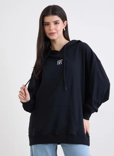 Styli Black Embroidered Oversized Hoodie
