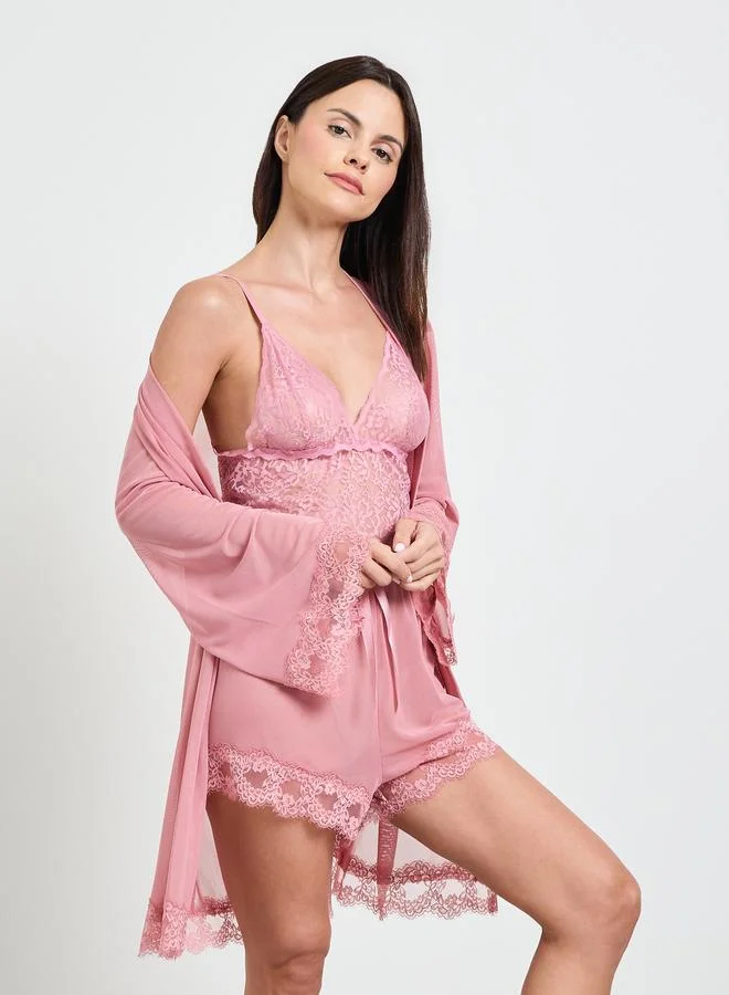 تايك تو Pink Pack Of 3 - Lace Bralette, Shorts And Robe