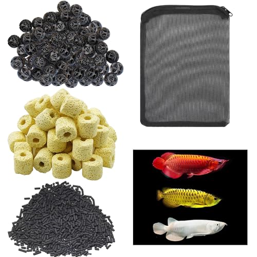 COLOURFUL - Aquarium Filter Media | Improved Water Quality and Healthy Fish Tanks | 10 Piece Bio Ball + 150g Yellow Bacterial Ring + 150g Activated Carbon, (3 in 1 Filter Media with Net Bag, Combo-5) - Image 1