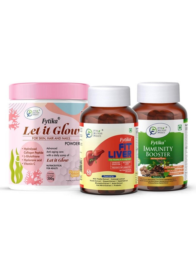 FYTIKA فيتيكا دعها تتألق أناناس، مسحوق الكولاجين-200غ + فيتيكا فيت كبد (مكمل تنظيف الكبد)-60 قرص + فيتيكا معزز المناعة (دعم جهاز المناعة)-60 قرص - Image 1