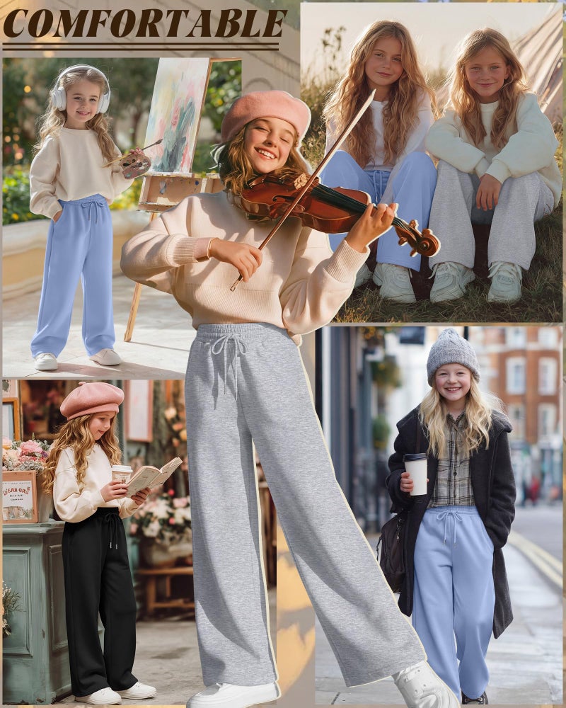 LessonZoo Teen Girls Sweatpants Wide Leg Drawstring Baggy Pants Straight Leg Athletic Trousers with Pockets Size 5-14(Light Blue, Light Heather Gray, Black,11-12 Years) - Image 2