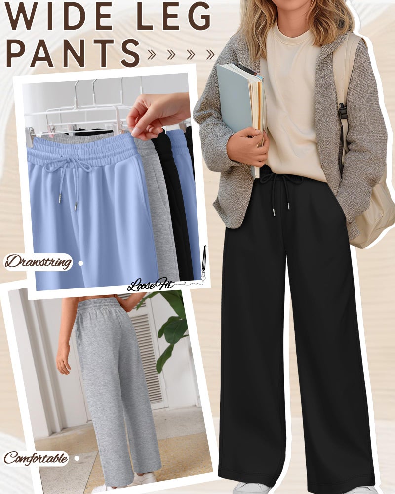 LessonZoo Teen Girls Sweatpants Wide Leg Drawstring Baggy Pants Straight Leg Athletic Trousers with Pockets Size 5-14(Light Blue, Light Heather Gray, Black,11-12 Years) - Image 4