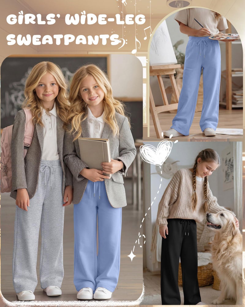 LessonZoo Teen Girls Sweatpants Wide Leg Drawstring Baggy Pants Straight Leg Athletic Trousers with Pockets Size 5-14(Light Blue, Light Heather Gray, Black,11-12 Years) - Image 3
