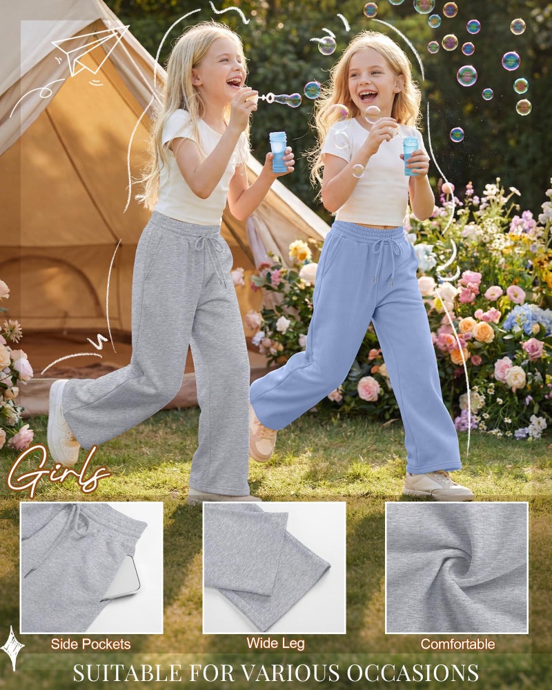 LessonZoo Teen Girls Sweatpants Wide Leg Drawstring Baggy Pants Straight Leg Athletic Trousers with Pockets Size 5-14(Light Blue, Light Heather Gray, Black,11-12 Years) - Image 5
