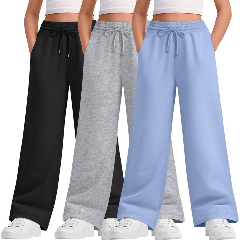 LessonZoo Teen Girls Sweatpants Wide Leg Drawstring Baggy Pants Straight Leg Athletic Trousers with Pockets Size 5-14(Light Blue, Light Heather Gray, Black,11-12 Years) - Image 1