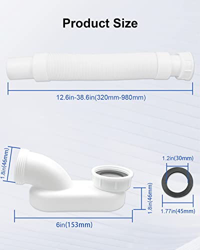 Nahntaipy Bathtub Shower Drain Pipe, Low Profile Flat 1 1/2 P Trap Kit, Flexible Freestanding Tub Drain for Bath White - Image 5