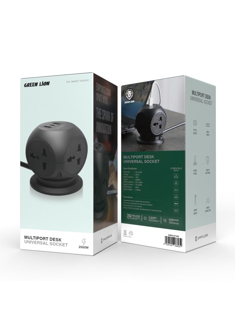 GREEN LION Multiport Desk Universal Socket / USB-A Ports / Type-C Output / 4 Multi Plugs / Safety Shutters / Short Circuit / Long Cable Length / Brass Conductor - Black - Image 3