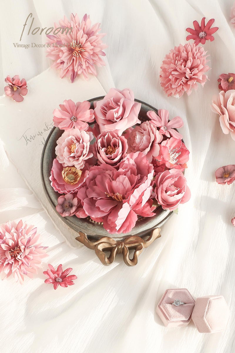 Floroom Mini Artificial Flower Heads Dusty Rose Fake Peony Daisy Rose Multicolor Small Faux Silk Flower Heads for Cake Craft Garland Wedding Party Graduation Cap DIY Home Decoration, 0.8"-3.6" - Image 2