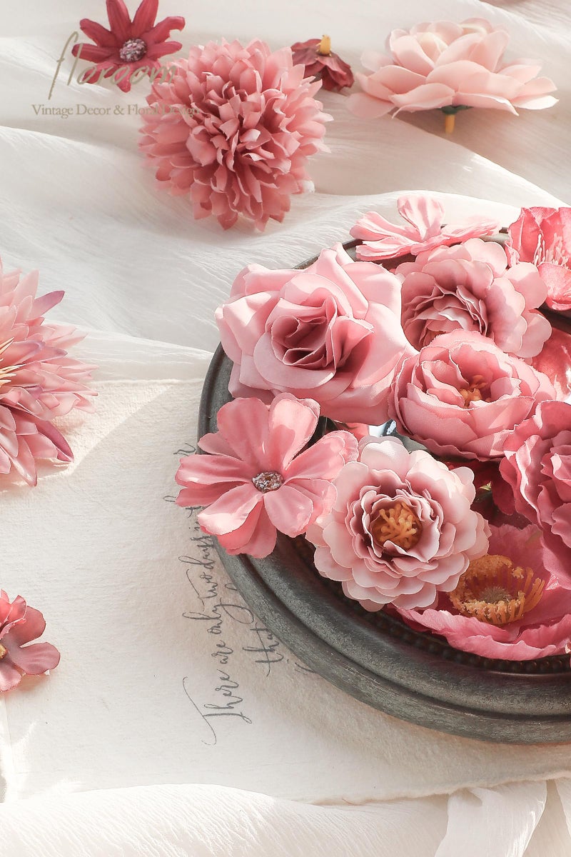 Floroom Mini Artificial Flower Heads Dusty Rose Fake Peony Daisy Rose Multicolor Small Faux Silk Flower Heads for Cake Craft Garland Wedding Party Graduation Cap DIY Home Decoration, 0.8"-3.6" - Image 3
