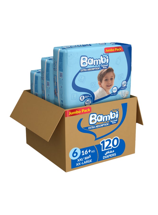 Sanita Bambi Baby Diapers Jumbo Pack Size 6, Xx-Large, 16+ Kg, 120 Count