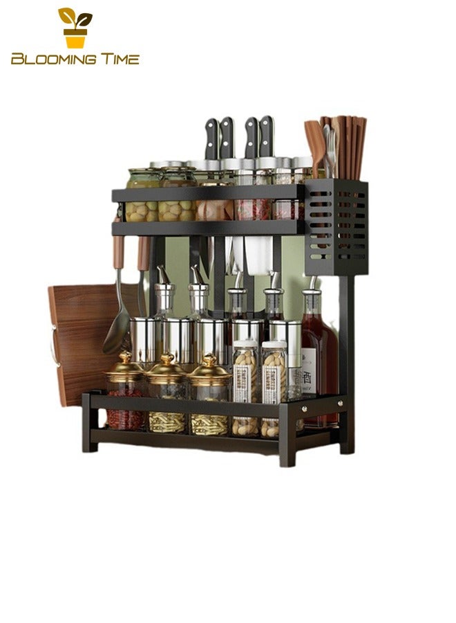 بلومنغ تايم رف على سطح المطبخ، منظم مطبخ متعدد الوظائف، رف توابل للمطبخ، رف سكاكين لوح تقطيع، رف مطبخ متعدد الطبقات، رف صلصة وتوابل مطبخ، أسود - Image 3