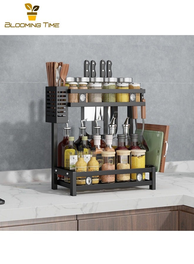 بلومنغ تايم رف على سطح المطبخ، منظم مطبخ متعدد الوظائف، رف توابل للمطبخ، رف سكاكين لوح تقطيع، رف مطبخ متعدد الطبقات، رف صلصة وتوابل مطبخ، أسود - Image 1