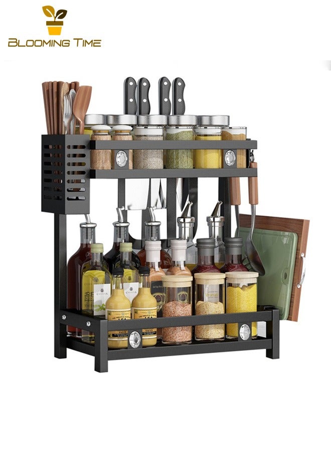بلومنغ تايم رف على سطح المطبخ، منظم مطبخ متعدد الوظائف، رف توابل للمطبخ، رف سكاكين لوح تقطيع، رف مطبخ متعدد الطبقات، رف صلصة وتوابل مطبخ، أسود - Image 2