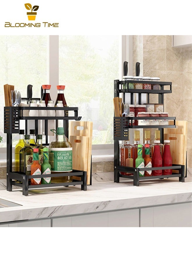 بلومنغ تايم رف على سطح المطبخ، منظم مطبخ متعدد الوظائف، رف توابل للمطبخ، رف سكاكين لوح تقطيع، رف مطبخ متعدد الطبقات، رف صلصة وتوابل مطبخ، أسود - Image 4
