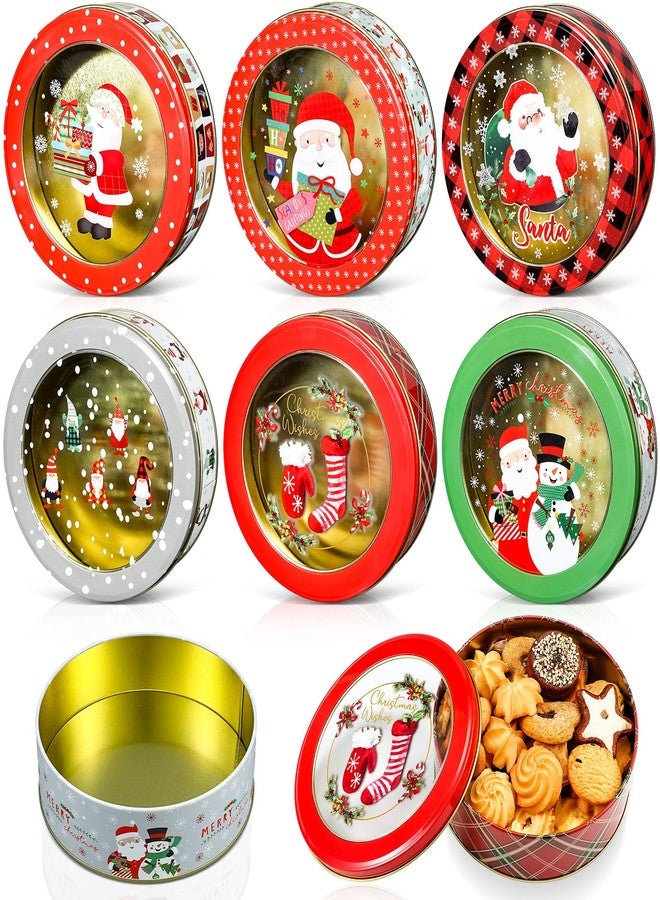 Tioncy 6 Pcs Christmas Cookie Tins with Lid Large Cookie Jars Metal Empty Tins Santa Snowman Tinplate Xmas Gift Box with Window for Christmas Holiday Party Treats Storage Container Gift Giving - Image 1