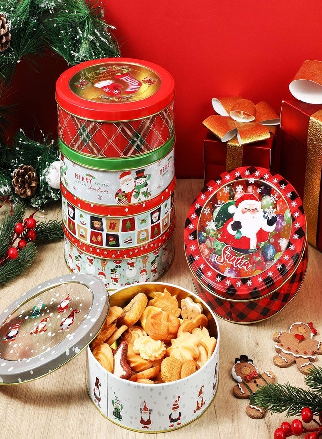 Tioncy 6 Pcs Christmas Cookie Tins with Lid Large Cookie Jars Metal Empty Tins Santa Snowman Tinplate Xmas Gift Box with Window for Christmas Holiday Party Treats Storage Container Gift Giving - Image 3
