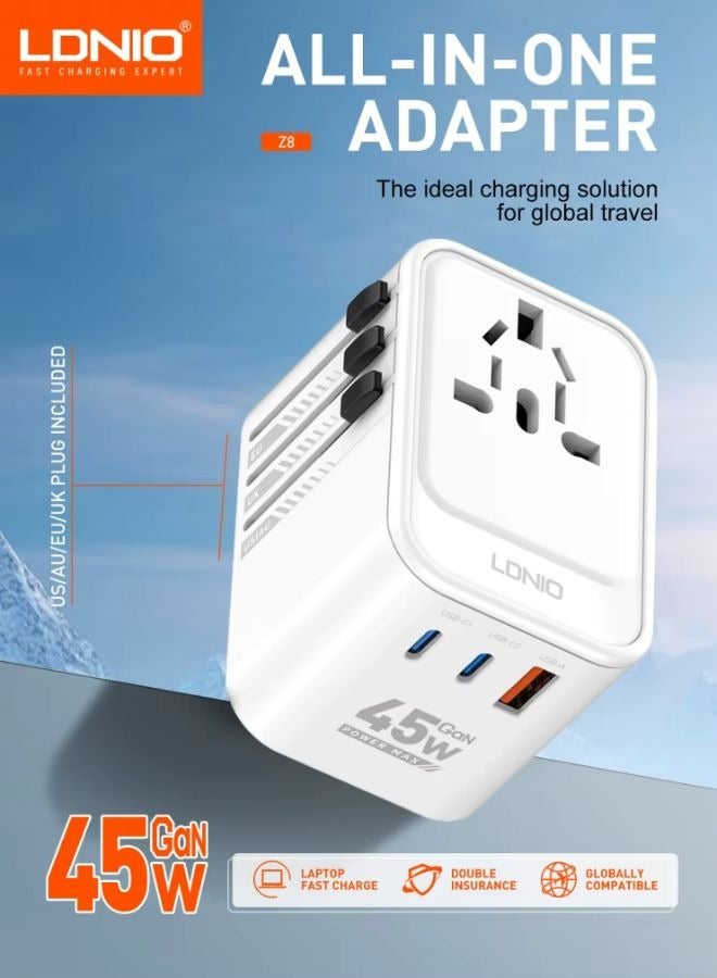 LDNIO Universal Travel Adapter 45W International Plug Adapter With USB 2 Type C Fast Charging All In One Worldwide Wall Charger UK US AUS EU  - Image 1