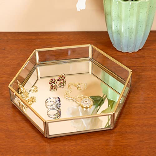 ARTINCO Vintage Glass & Brass Vanity Tray, Hexagonal Home Table Decoration, Makeup Organizer, Vanity Tray, Brass Gold 8x9x1.5 Inches - Image 5
