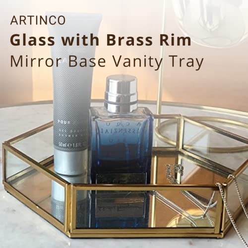 ARTINCO Vintage Glass & Brass Vanity Tray, Hexagonal Home Table Decoration, Makeup Organizer, Vanity Tray, Brass Gold 8x9x1.5 Inches - Image 2