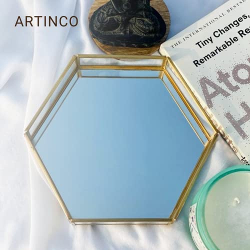 ARTINCO Vintage Glass & Brass Vanity Tray, Hexagonal Home Table Decoration, Makeup Organizer, Vanity Tray, Brass Gold 8x9x1.5 Inches - Image 4