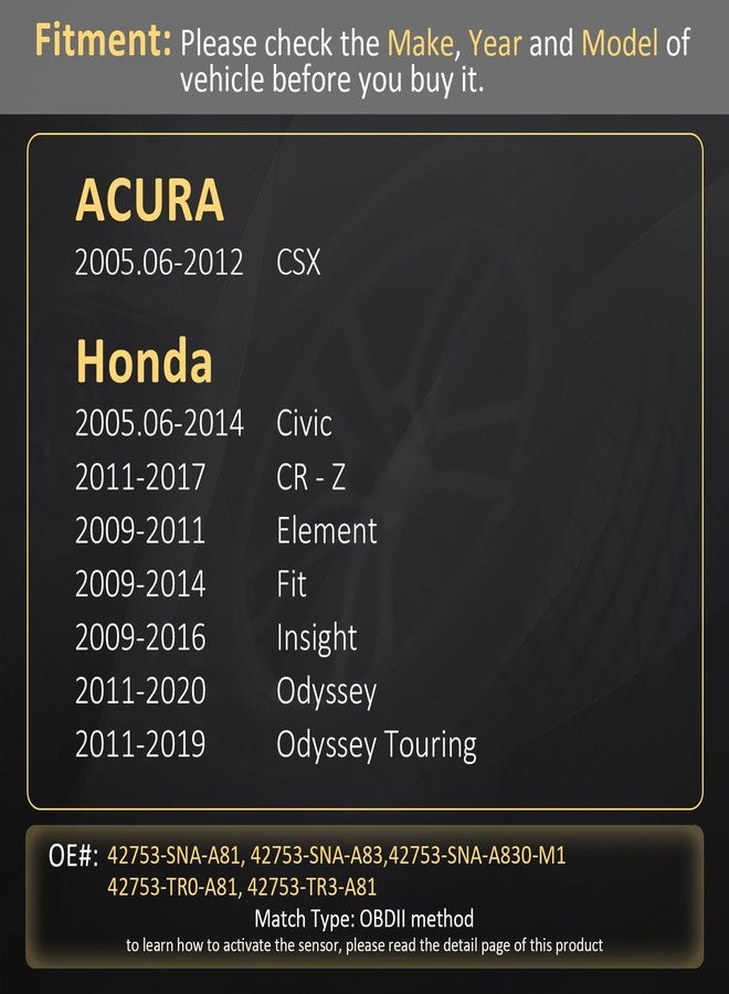 Marsflex TPMS Sensor Compatible for Honda, Civic CR-Z Element Fit Insight Odyssey, Programmed Tire Pressure Monitoring System Replaces# 42753-SNA-A83, 42753-TR3-A81, 42753-SNA-A81, 42753-TR0-A81, 4PCS - Image 2