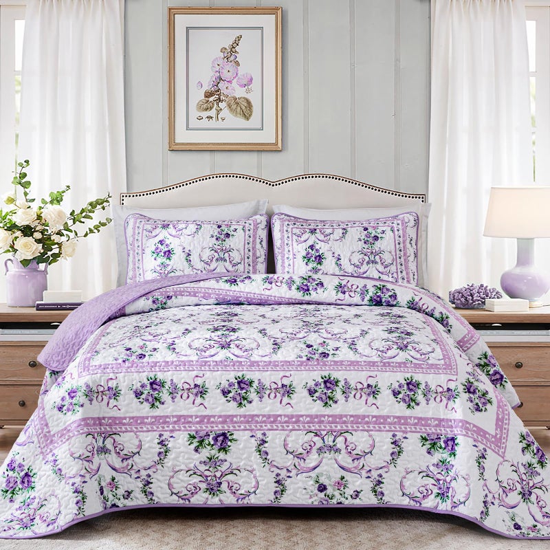 Purple Quilt Set King Size 3 Pieces Floral Pattern Quilts Bedspread with 2 Pillowcases Soft Microfiber Lightweight Retro Bed Cover for All SeasonKing 104x90