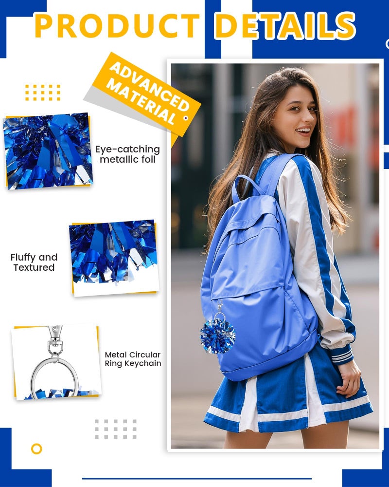 Remuuly 20 Pcs Cheer Pom Pom Keychain Cheerleader Gifts Cheerleading Keyring Charm Foil with Keychain Hooks for Women Accessories (Blue Silver) - Image 3